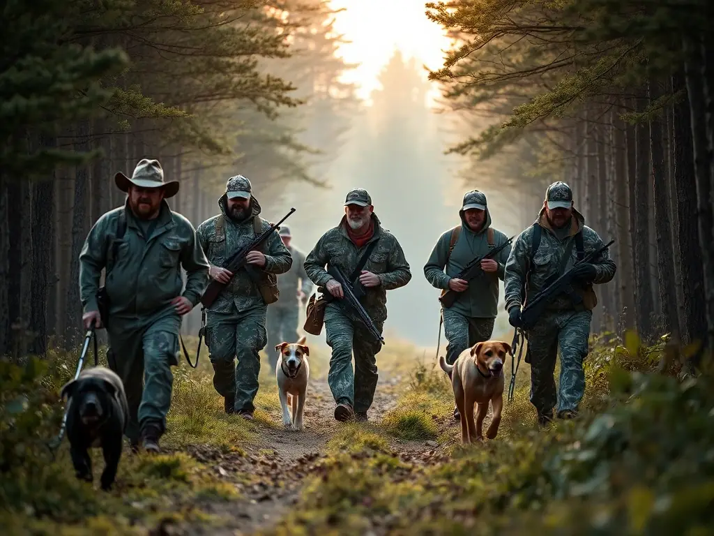 A group of hunters in camouflage gear walking through a forest at dawn, carrying hunting rifles, with a focus on responsible hunting practices.