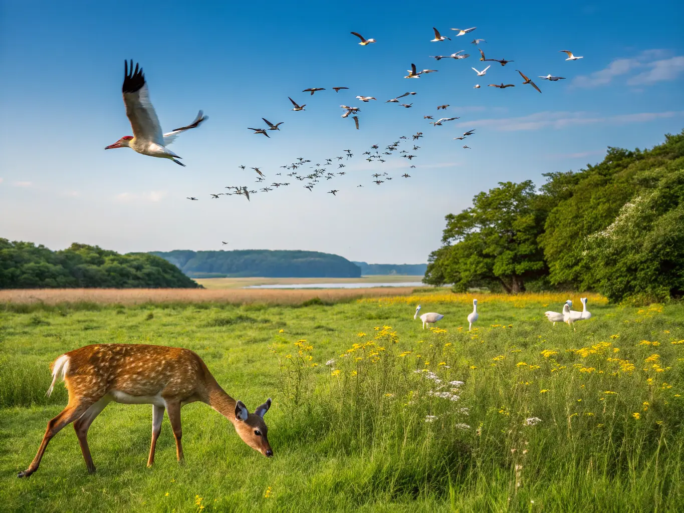 A vibrant photo of native wildlife, such as deer and birds, in their natural habitat, emphasizing conservation success.