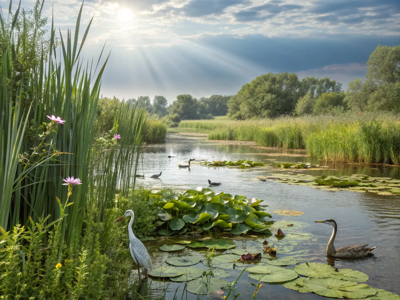 A scenic view of a restored wetland area, showcasing diverse plant and animal life, symbolizing the success of conservation efforts.