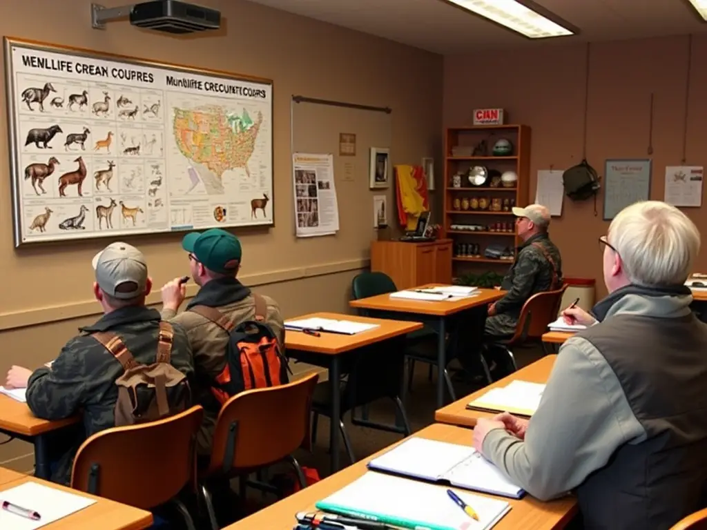 A classroom setting with an instructor demonstrating responsible hunting techniques to a group of attentive participants.