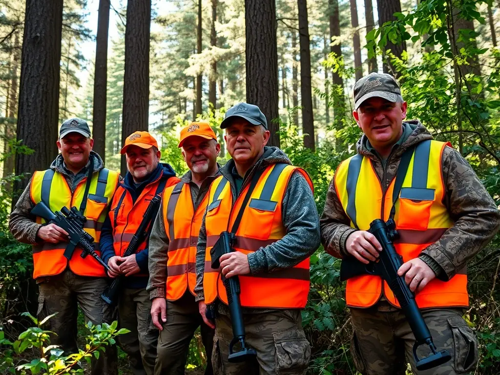 A scenic image of hunters in the forest during a guided hunting trip, showcasing safety gear and natural surroundings.